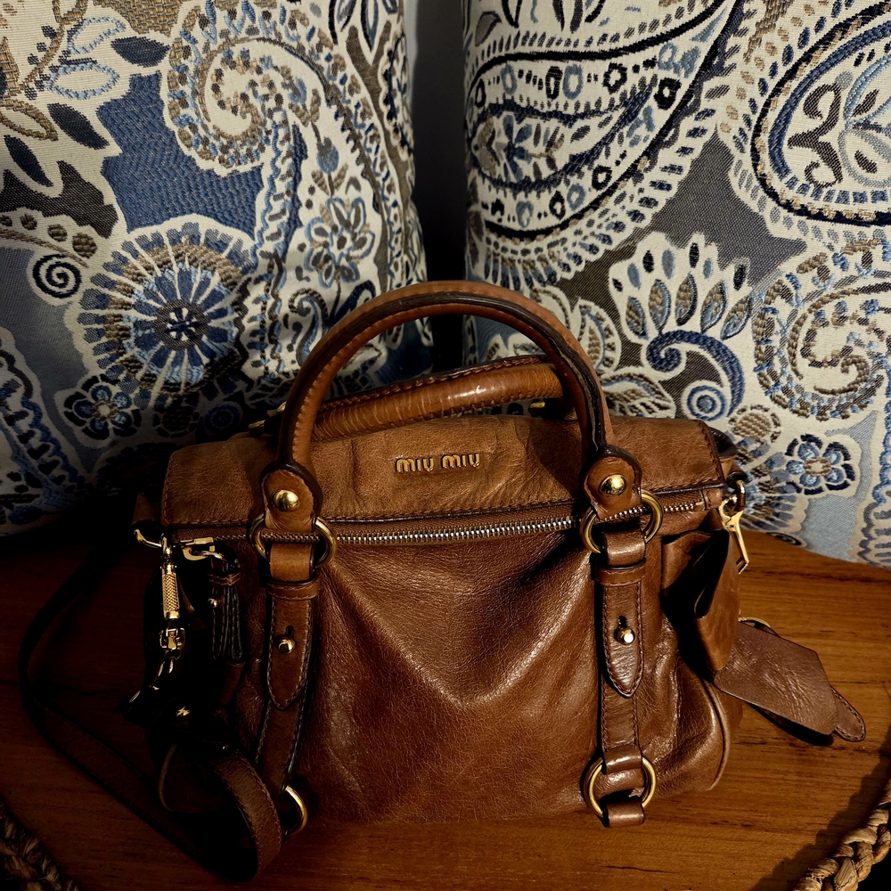Miu Miu Tan Vitello Lux Bow Fold Over Satchel Bag
